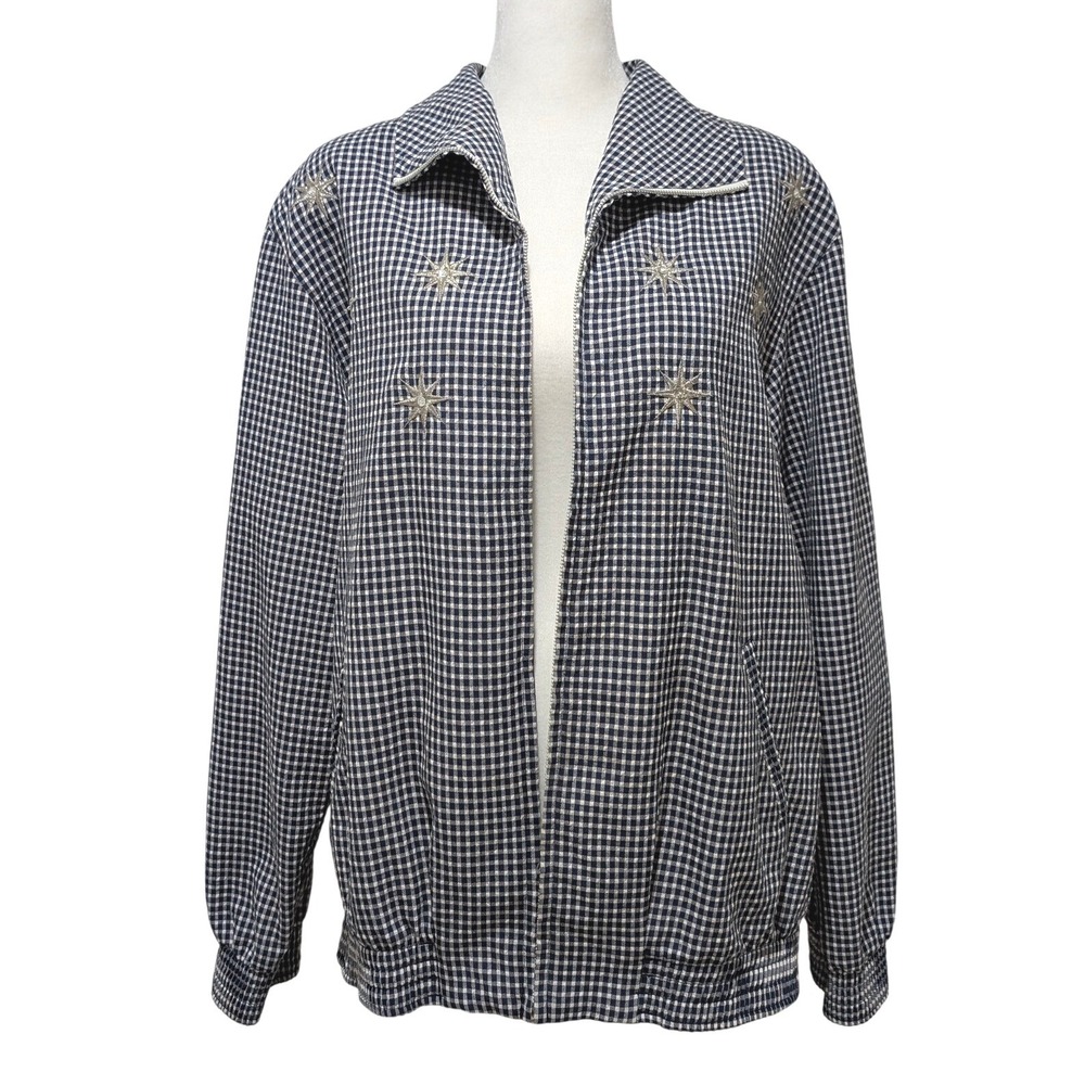 Vtg Alfred Dunner Grandmacore Blue Gingham Starburst Embroidered Zip Jacket 12 - Picture 3 of 11